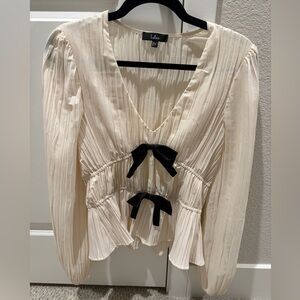 Lulus Cream Balloon Sleeve Bow Top (S)